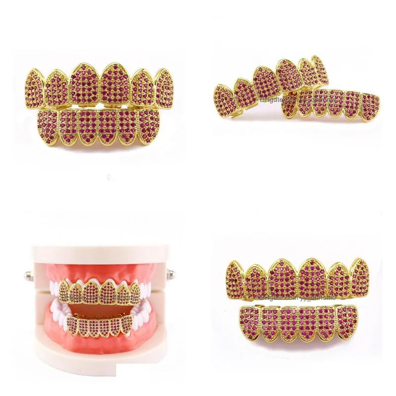 Grillz Dental Grills Hip Hop Golden Grillz Chromatic Diamonds Dental Grills Purple Real Gold Plated Fashion Cool Rappers Body Jewel DHPVS