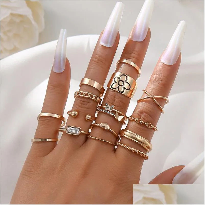 Bandringen mode sieraden knokkel ring set gouden vlinder bloemketen gekruiste geometrische stapelringen midi sets 15 stcs/set drop del dhjl4