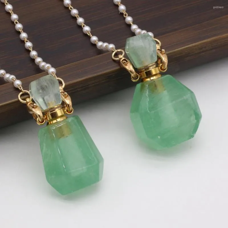 Colares de pingentes de pedra natural Garrafa de perfume de óleo essencial mais vidro Corrente de pérolas Aventurinas verdes para jóias de colar