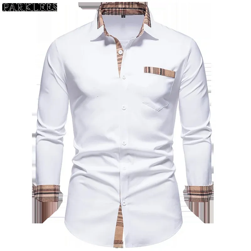 Men's Casual Shirts PARKLEES Autumn Plaid Patchwork Formal for Men Slim Long Sleeve White Button Up Shirt Dress Business Office Camisas 221130