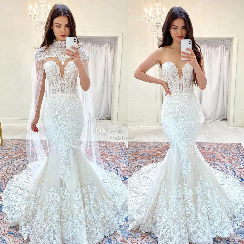 Caped Mermaid Lace Wedding Dress 2023 Elegant Floor Length Country Boho Bride Dress Chic Vestido De Novias Women Novelty Robe Mariage Bohemian Bridal Gowns