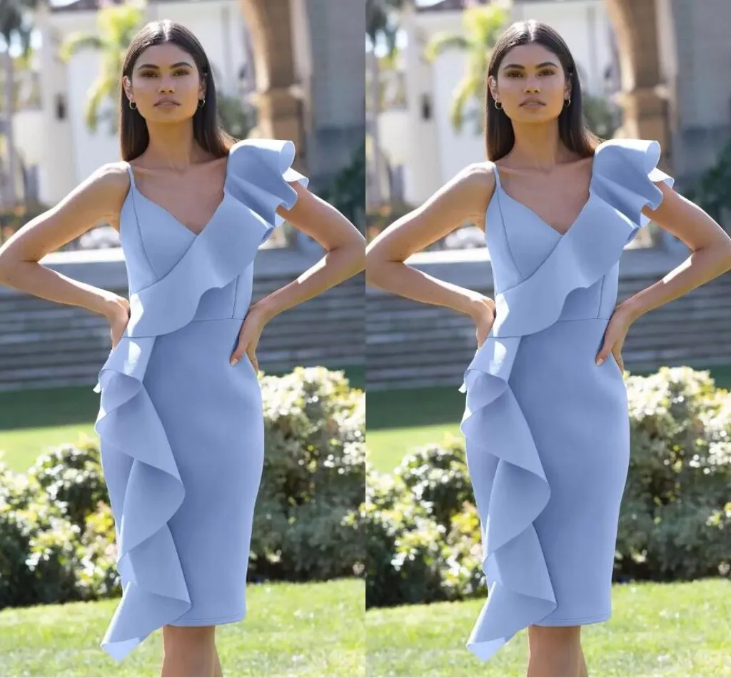 Sexy Simple Lavender Satin Sheath Short Cocktail Dresses V Neck Ruffles Knee Lenth Formal Prom Party Wear Evening Gown Robe De Soiree