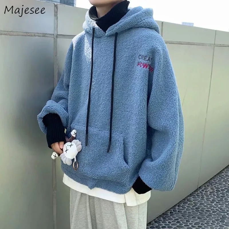 Men's Hoodies Sweatshirts Lambswool Men Fake 2 Piece Letter Cozy Thicker Winter Warm Hooded Coats Couples Harajuku Chic Outerwear Japanese Stylish 221129