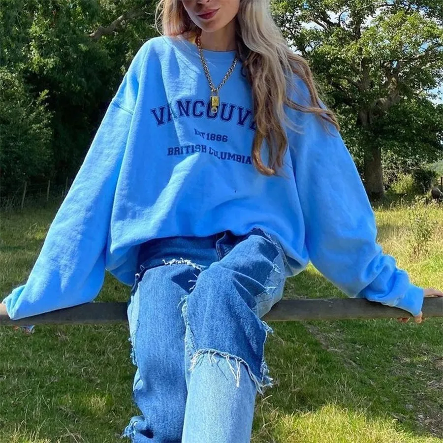 Hoodies voor dames sweatshirts mooie blauwe letter print vintage preppy stijl oversized sweatshirt voor tieners meisjes casual losse lange mouw harajuku tops kleding 221129