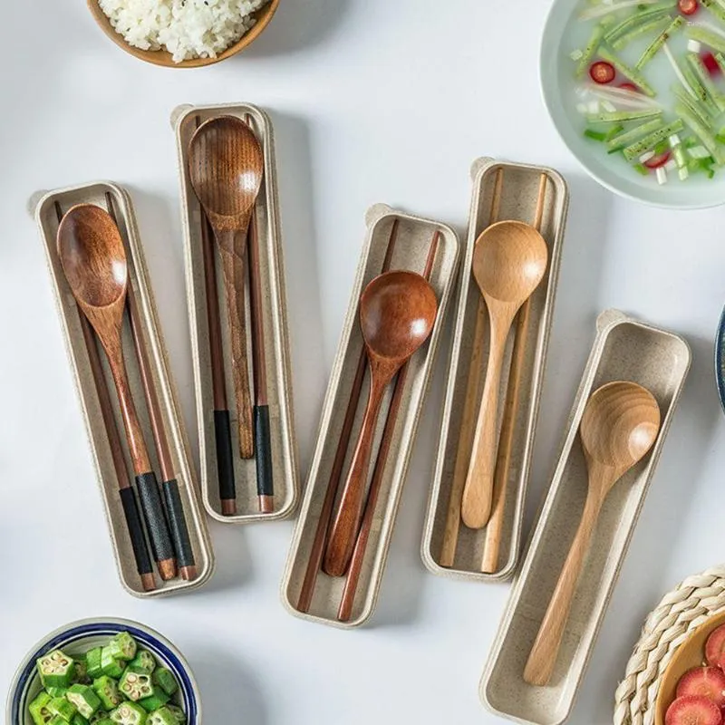Учетные наборы посуды 3PCS/SET Портативные деревянные столовые приборы набор японского стиля Spoon Spoon Accessories