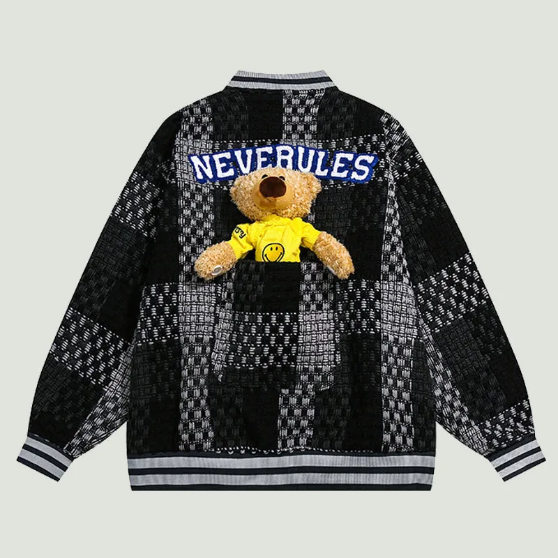 Erkek Ceketler Vintage Sevimli Ayı Çıkarılabilir Gevşek Ekose Beyzbol Erkek Sokak Giyim Harajuku Büyük boyutlu gündelik varsity Coats Unisex 221129