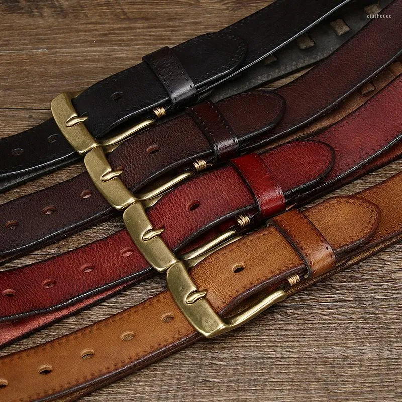 Cinturones de alta calidad para hombre vaquero piel de vaca natural 3,8 cm ancho hebilla de latón macizo cuero genuino de grano completo diseñador de lujo