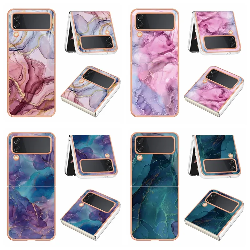 Fashion Bling Marble Cases For Samsung Z Flip 4 3 5G Flip4 Flip3 Zflip4 2.0MM Plating Metallic Soft Chromed TPU Rock Stone Granite Shockproof Folding Phone Back Cover