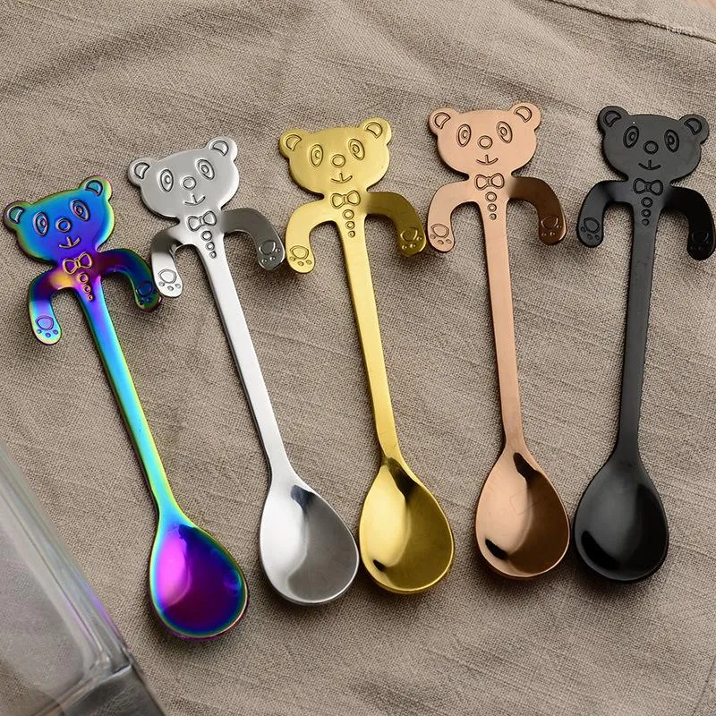 Flatware sets 304 vergulde roestvrijstalen Creative Bear Cubs geroerde lepel Cartoon Hanging Cup Coffee Mok theelepel