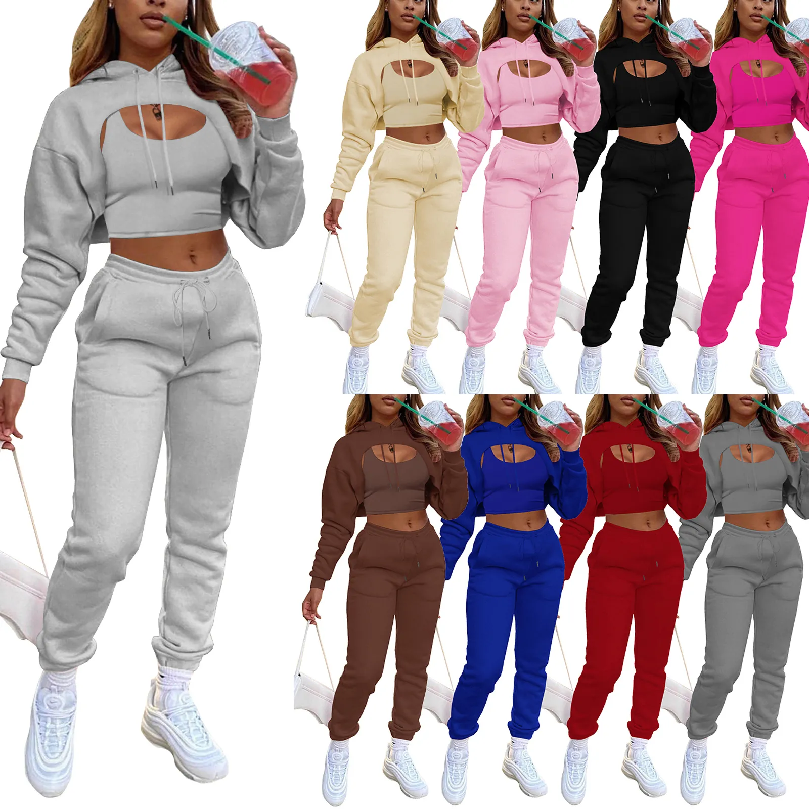 Kvinnors tvådelade byxor Hirigin 3PC Solid Color Hoodies Outfits Adults Långärmning Drawstring Hoodie Tank Tops Byxor med fickor Set 221130