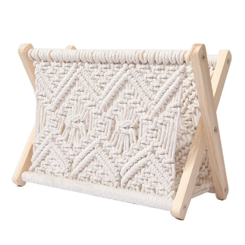 العناصر الجدة سلة التخزين المنسوجة القطن Nordic Boho Macrame Magazine Rack Desktop Book Swick 221129