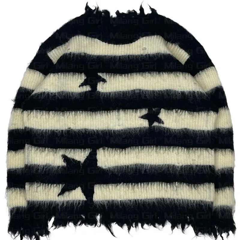 Kvinnors tröjor Vintage Classic Mohair Stripes Star Streetwear Gothic Punk Rock Sweater Män kvinnor Lossa Pullover Harajuku Cotton Knit Sweater 221130