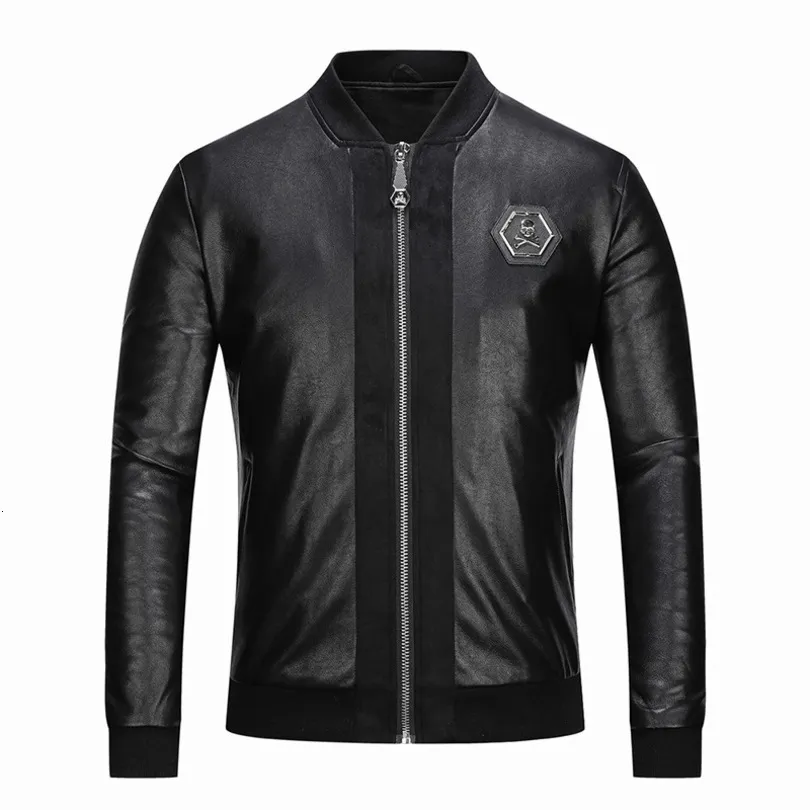 Herren-Leder-Kunstjacke mit Totenkopf-Stickerei, Baseball-Kragen, Western-Motorrad 221129