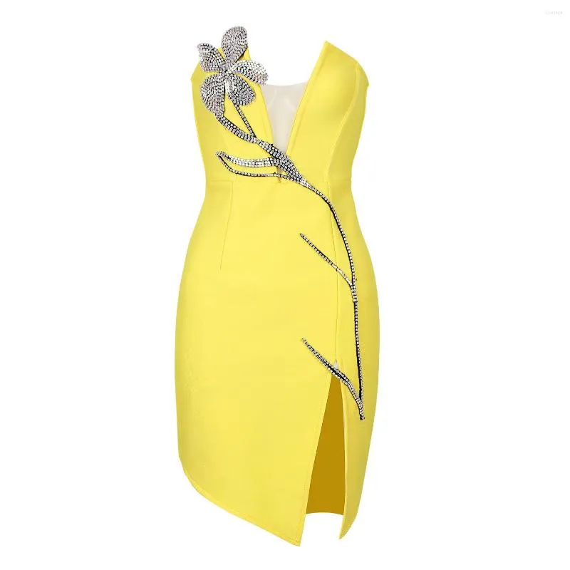 Abiti casual GIUGNO LABBRA Estate Nero Bianco Giallo Senza spalline Embellished Split Bandage Dress 2022 Donne Sexy Evening Club Party