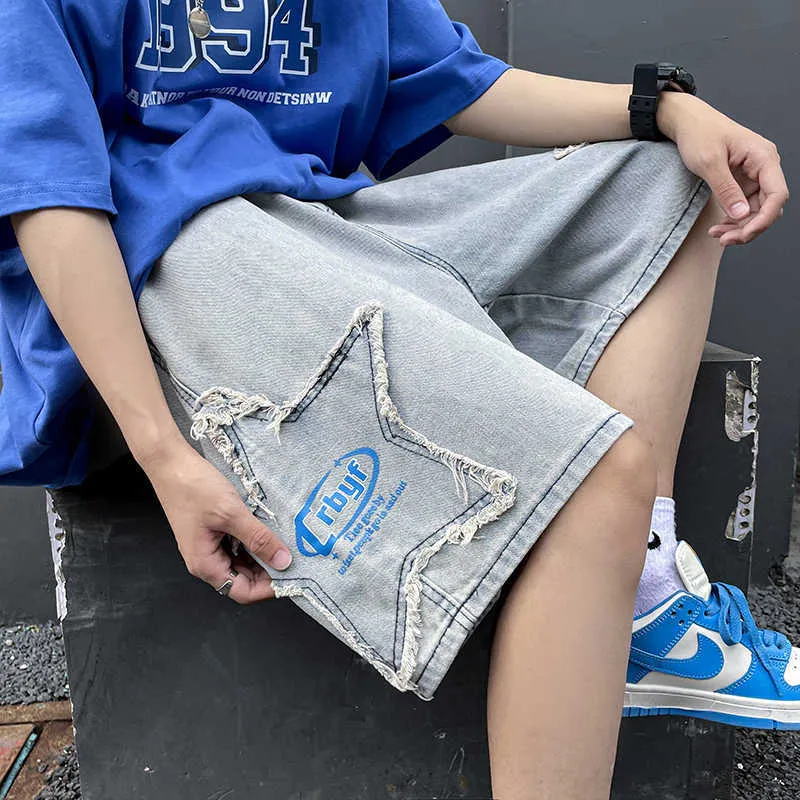 Mens Shorts Ripped Stars Patch Jeans Shorts For Men Summer Korean