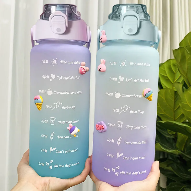 Water Bottles 2L Sports With Time Marker Straw Bounce Lids Large Capacity Plastic Drinking Leakproof Outdoor Fitness 221130