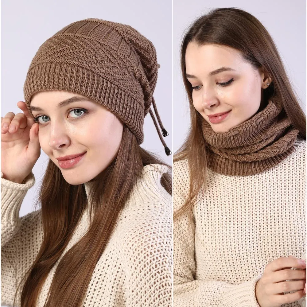 Beanieskull Caps Fashion Women Stretchy Sticked Skullies S Hat Solid Snood Scarf Warm For Womem Autumn Winter Female Cap 221129