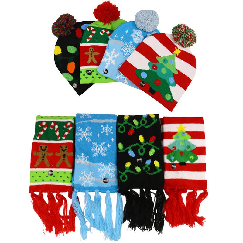 Décorations de Noël Chapeaux avec Lumière LED Doux Tricoté HatScarf Set Père Noël Bonhomme De Neige Chapeau De Renne Adulte Enfants Xmas Party Cap U3 221130