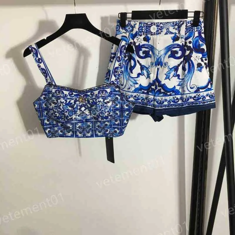 Calças femininas de duas peças, azul e branco, estampa de porcelana, top e shorts, conjuntos de 2 peças, agasalhos femininos de grife