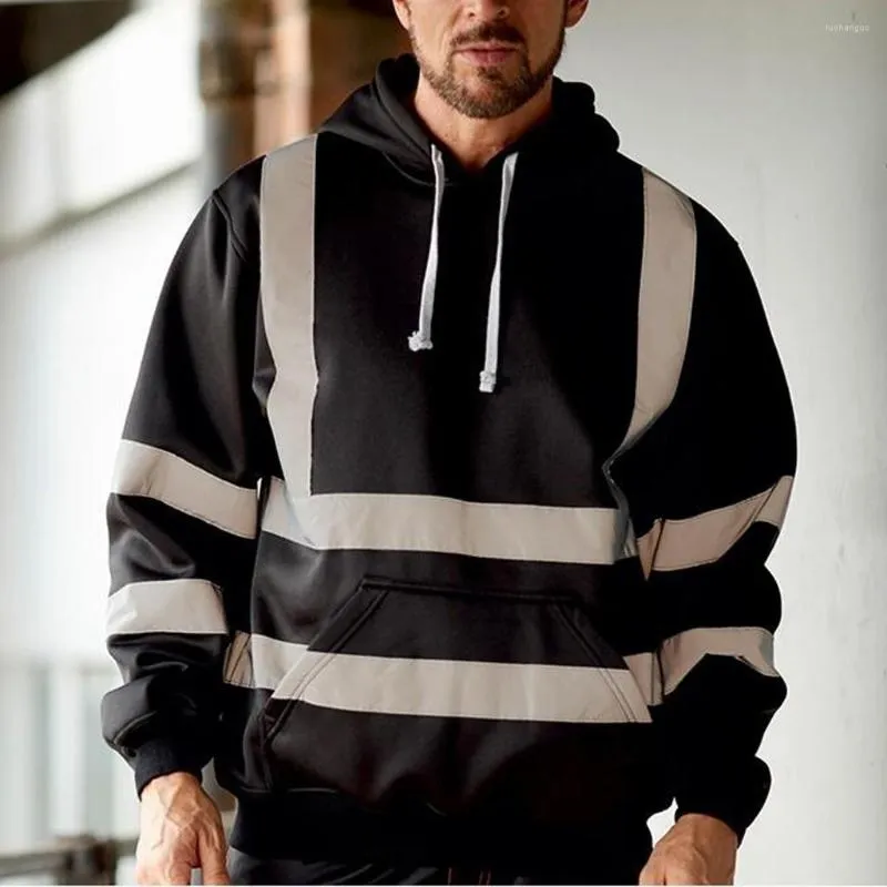 Heren Hoodies Solid Color Reflective Strip Hooded Sweatshirt met lange mouwen Giet Homme Streetwear Hoge kwaliteit zichtbaarheid