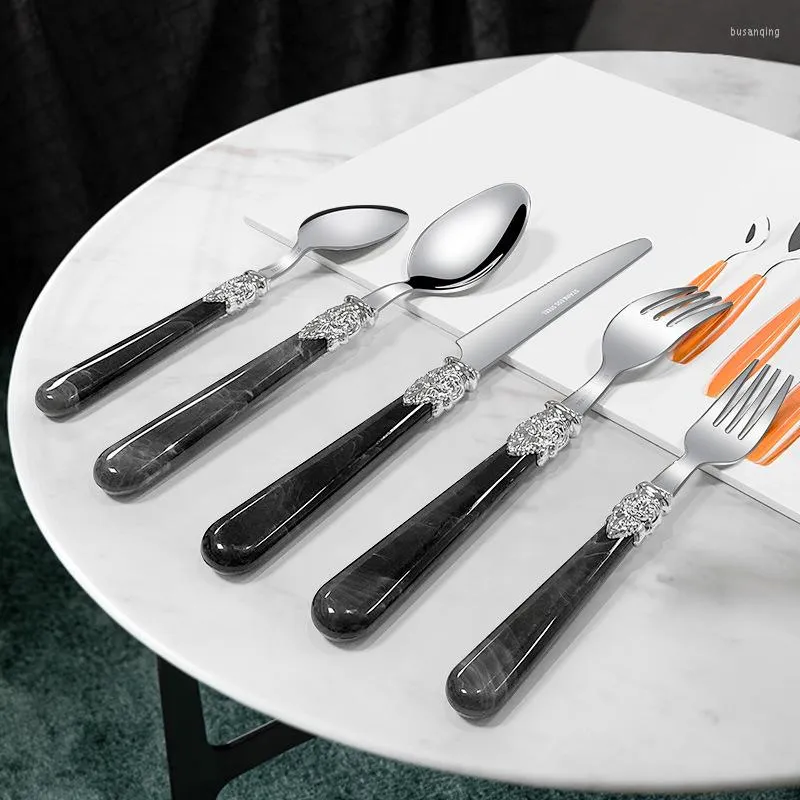 Dinnerware Sets 5 Pieces Set Stainless Cutlery Thicken Dinner Knife Dessert Spoon Cake Fork Black White