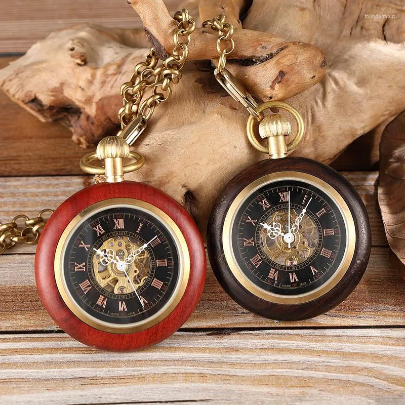 Relojes de bolsillo, reloj mecánico de madera dorada, collar de cadena de cuerda manual para hombres y mujeres, madera negra rosa superior para hombres y mujeres, Unisex