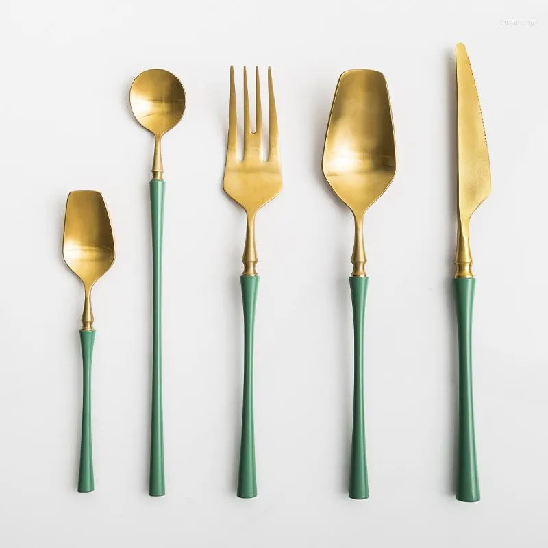 أدوات المائدة مجموعات رجعية سكين الفولاذ المقاوم للصدأ الأخضر شوكة ملعقة أدوات المائدة المعدنية سكاكين شريحة لحم ذهبية
