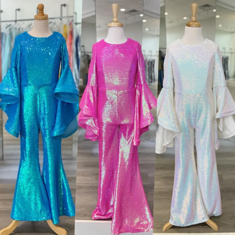 Fuchsia Girl Pageant Dress Jumpsuit 2023 Sequin Romper Bell Sleeves Little Kid Birthday Formal Party Gown Toddler Teens Preteen 70s vibes Blue Runway Fun-Fashion