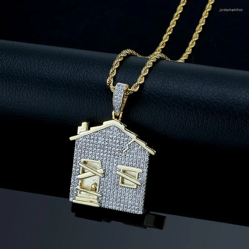 Hängsmycken halsband mikro asfalterade kubiska zirkonier is ut guld sivler två ton bling house hängen halsband för män hip hop rappar smycken