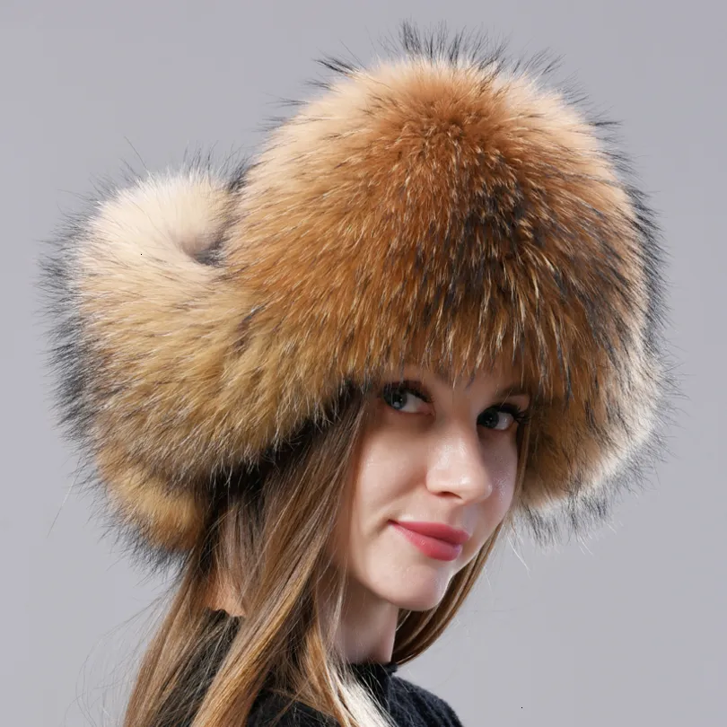 Trapper Hats Natural Fur Russian tion Hat with Ears Ushanka Women Winter Warm Fluffy Stylish Female Tail Cap Fashion Real 221129