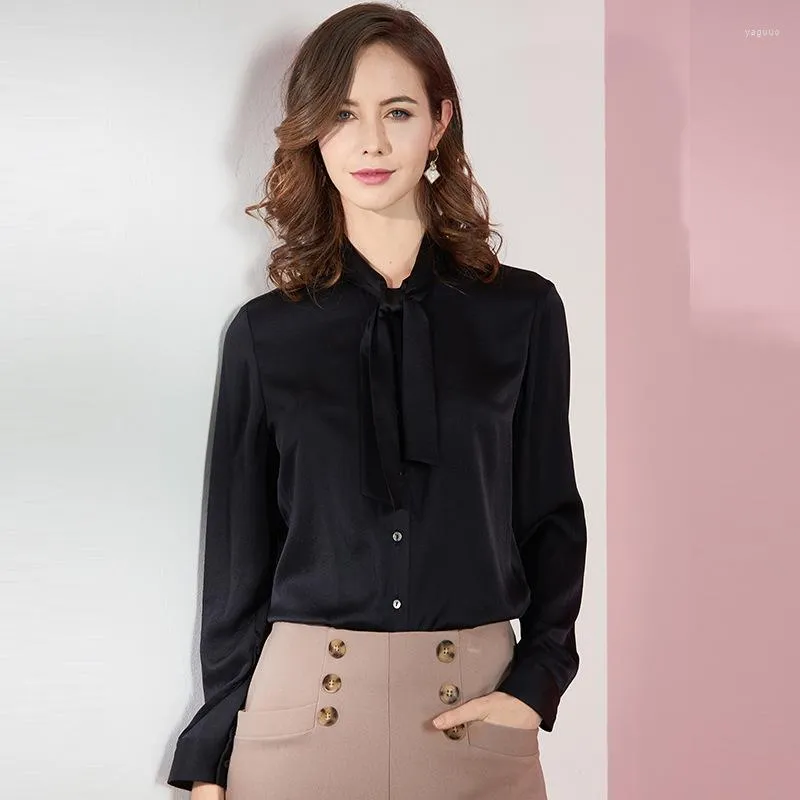 Women's Blouses Real Silk Boulses For Women High Quality 2022 Summer Black Satin Face Bowtie Office Shirts Long Sleeve Casual Sexy Plus Size