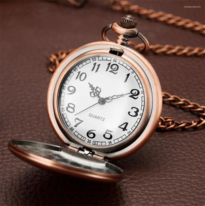 Pocket Watches Vintage Red Copper Watch Double Hights Hunters Arabiska siffror Display Punk Chain Pendant Clock Quartz Movement