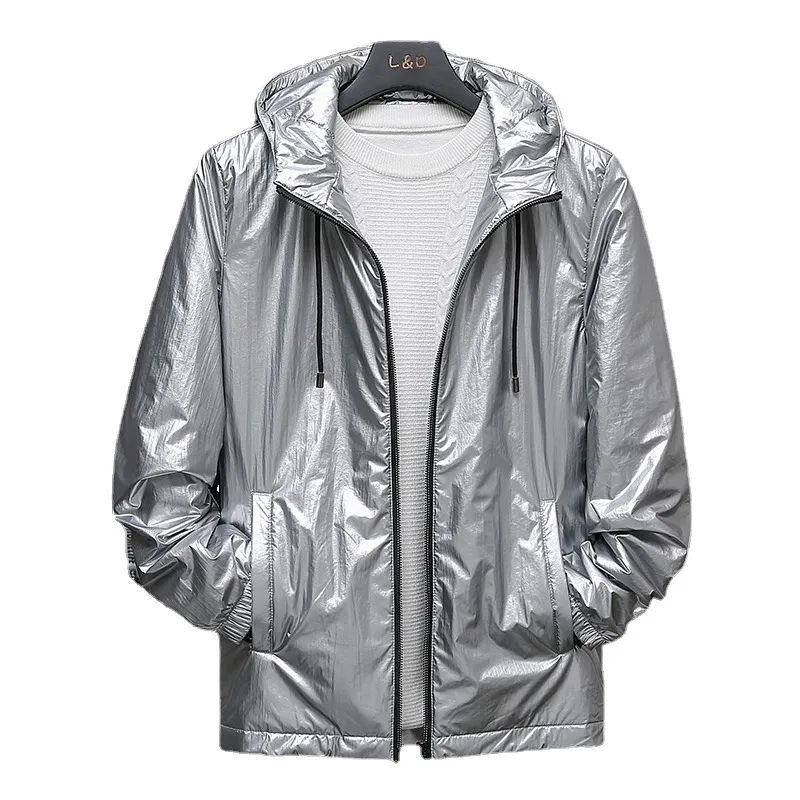 Shiny Silver Metallic Jacket Men Party Dance Night Club Mens Hip Hop Coats Slim Hooded Streetwear Jaqueta Masculina