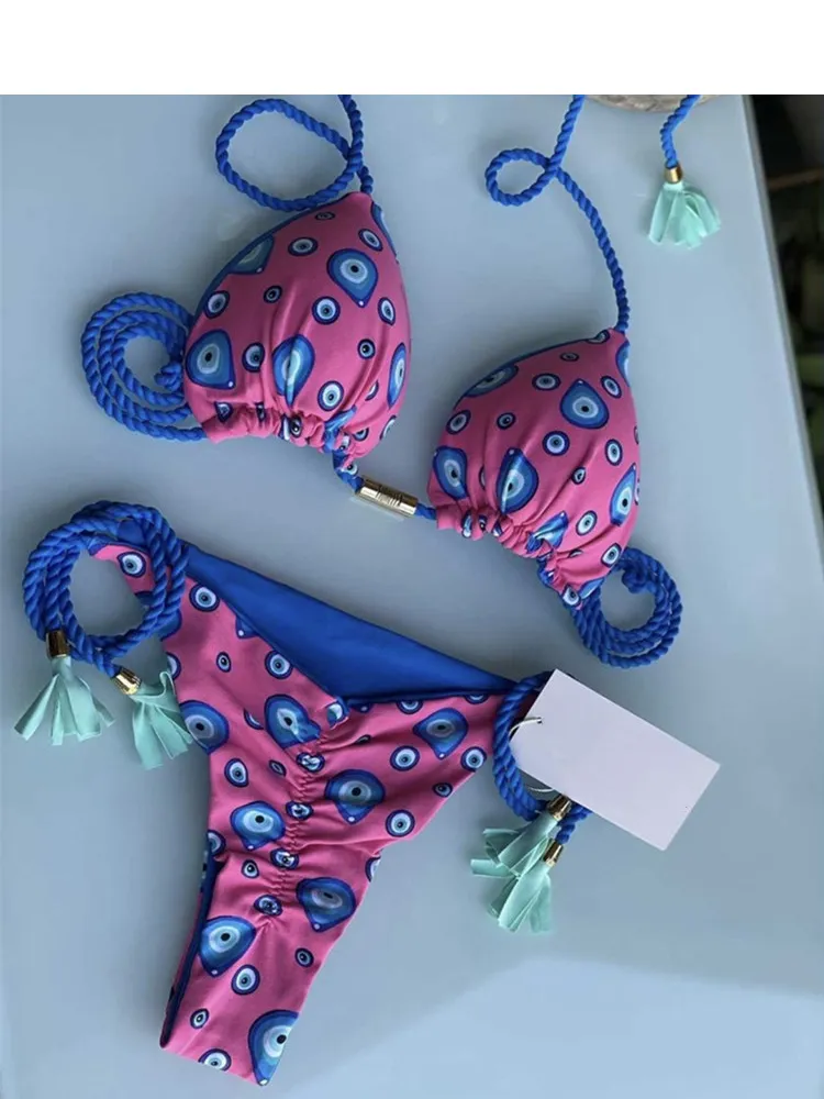 kvinnor sommar sexig badkläder kontrastfärg multicolor tryck bikini baddräkt simning strandkläder tvådelar mode binda repet bikinis bad underkläder badkläder
