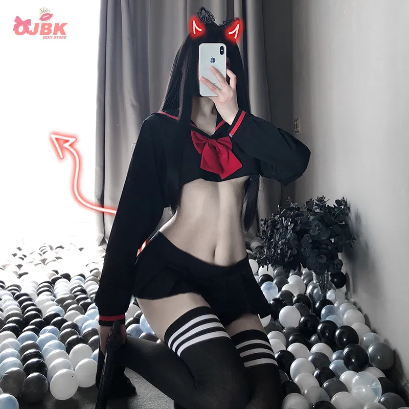 Sexy Cosplay Costume JK Uniform Kwaii ita Mini Top Skirt Erotic Roleplay Set Student Sailor with Black Color with Red Bow 211211