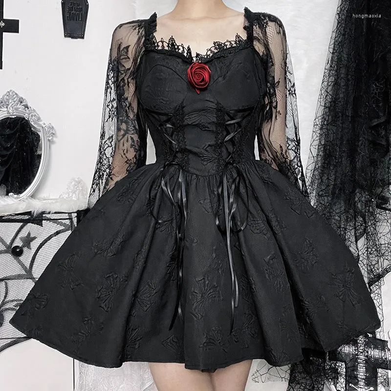 Sıradan elbiseler grunge parti elbise yüksek bel gotik karanlık seksi bir çizgi jacquard dantel kol lolita sevimli kadınlar vintage harajuku