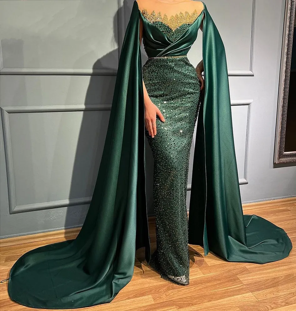 Elegant Emerald Green Beaded Evening Dress with Cape Sleeves O Neck Mermaid Sequin Dubai Arabic Long Formal Prom Party Gowns Custom Robe De Soiree