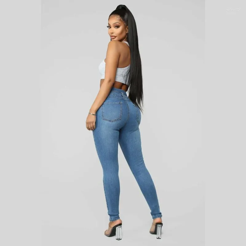 Kvinnors jeans 2022 S-4XL ￶verdimensionerade kvinnor H￶g midja rippade mager casual trippelbr￶st Stretch Slim Denim Pencil Pants