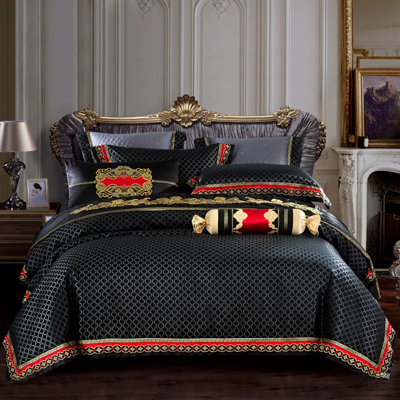 Bedding sets Blue Black Silk Satin Luxury Royal Queen King size Flat sheet spread Pillowcase Duvet cover 221129