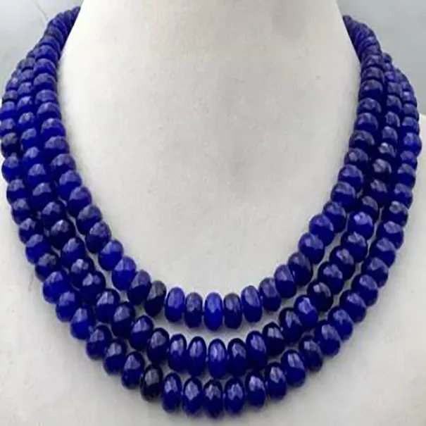 Nieuwe enorme 5x8mm blauwe saffier FACET KRALEN KETTING 3 rij 17-19''