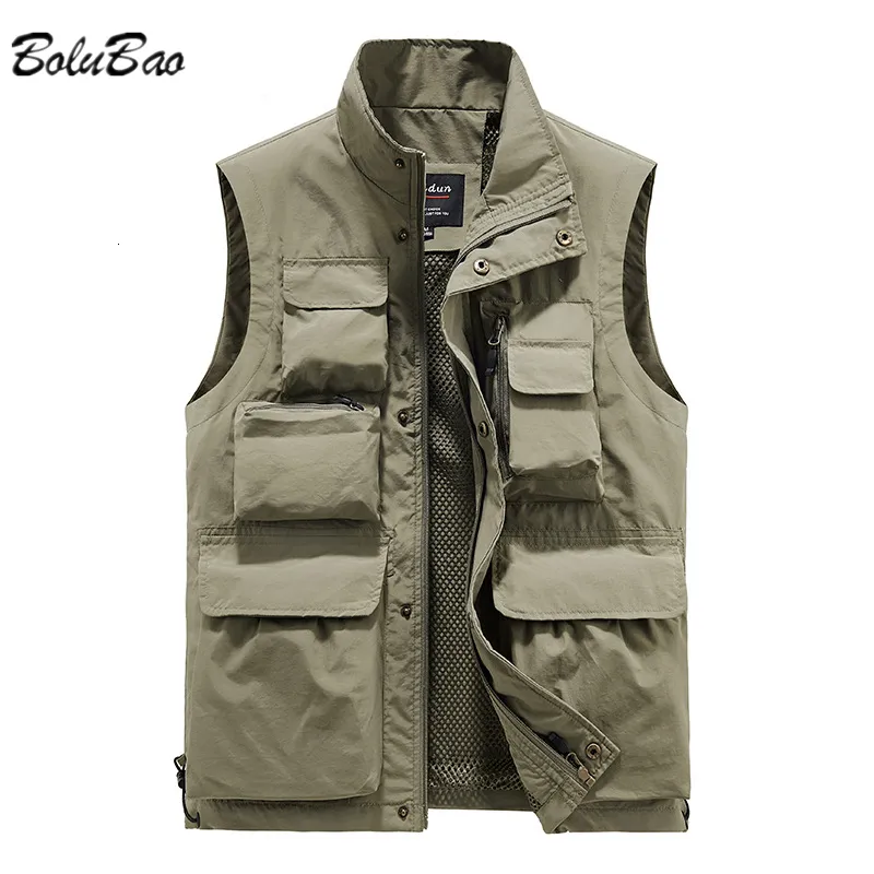 Coletes masculinos Bolubao Men Men Outdoor Multi-Bocket Color Diretor de pesca de cor sólida Repórter Trabalho PONTRAGEM DE PONTRAÇÃO DE PONTRAÇÃO