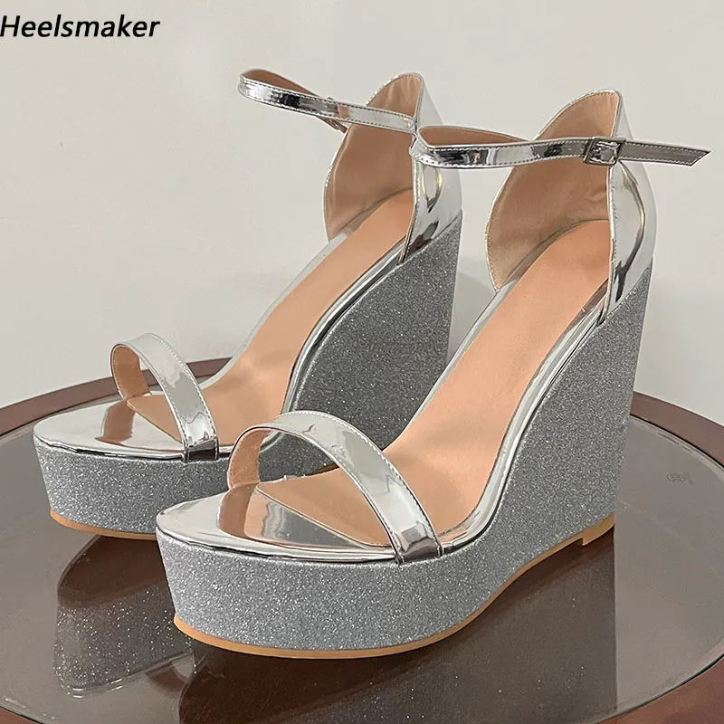 Heelsmaker Echte Fotos Damen-Plateau-Sandalen, glitzernde Keilabsätze, runde Zehen, wunderschöne silberne Abschlussball-Party-Schuhe, US-Größe 5–20