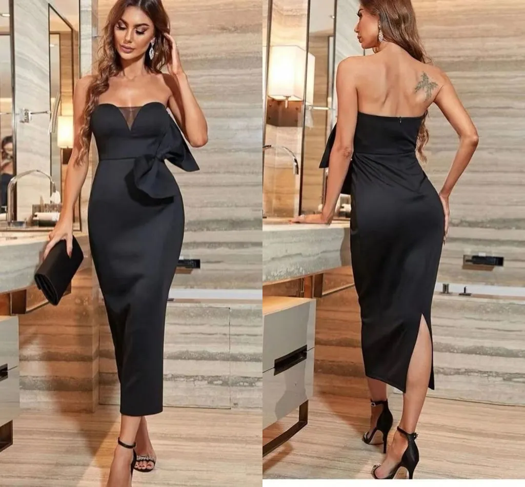 Sexy Simple Plus Size Short Cocktail Dresses for Women Weddings Black Tea Length Sweetheart Bow Know Back Slit Formal Wear Club Birthday Party Gowns