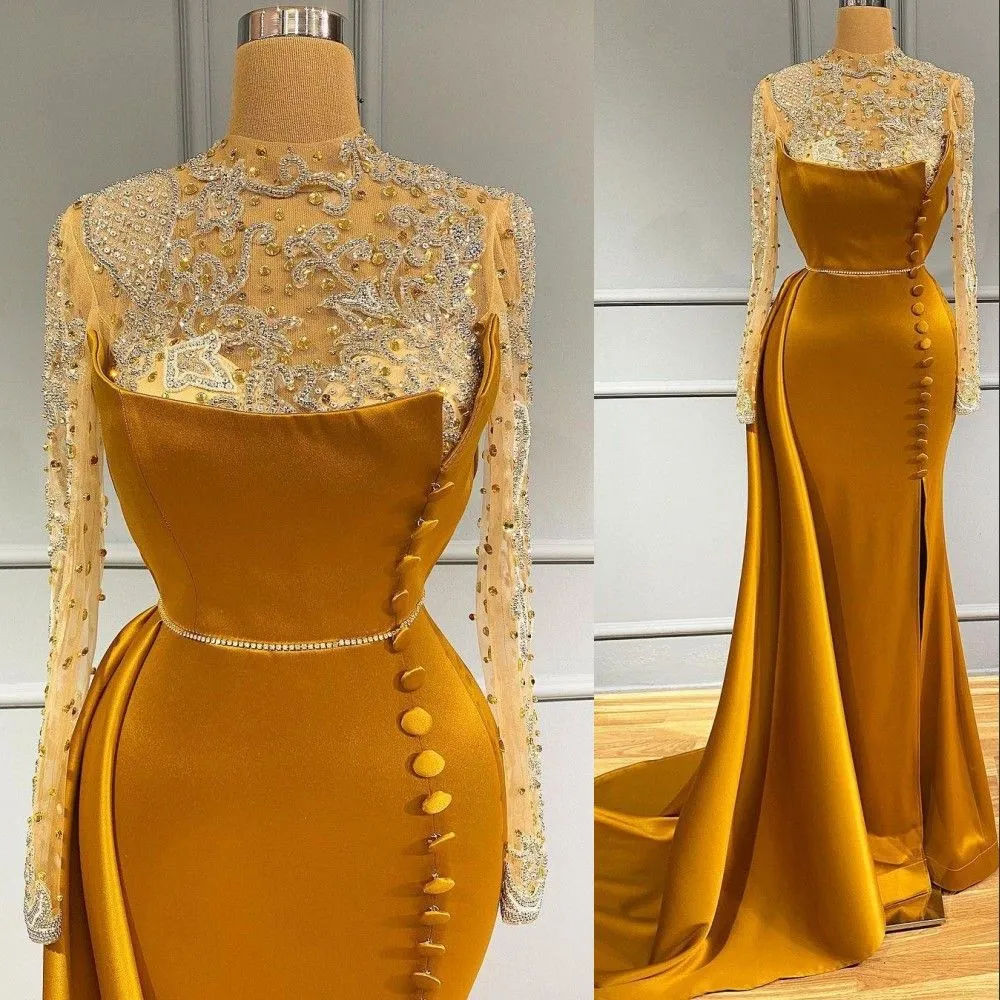 Gold Mermaid 2023 Prom Dresses Long Sleeves High Neck Beaded Veet Lace Applique Side Slit Or Length Custom Made Ruched Evening Party Gowns Vestidos