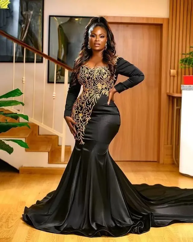 بالإضافة إلى الحجم العربي ، فساتين السهرة العربية Aso ebi African Black Long Sleeves Lace Satin Satin Party Parm Pageant Celebrity Second Obrity Second