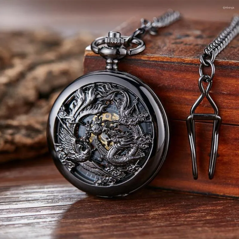 Relógios de bolso gorben mecânica masculina phoenix e dragão squeleton assistir números romanos antigos