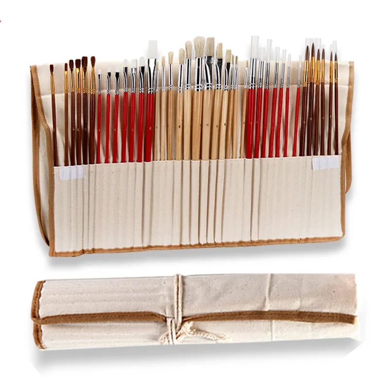 Målning pennor 38 PCSSet -färgborstar med dukfodral Långt trähandtag Syntetiska hårkonstförsörjningar för oljeakryl vattenfärg 221130