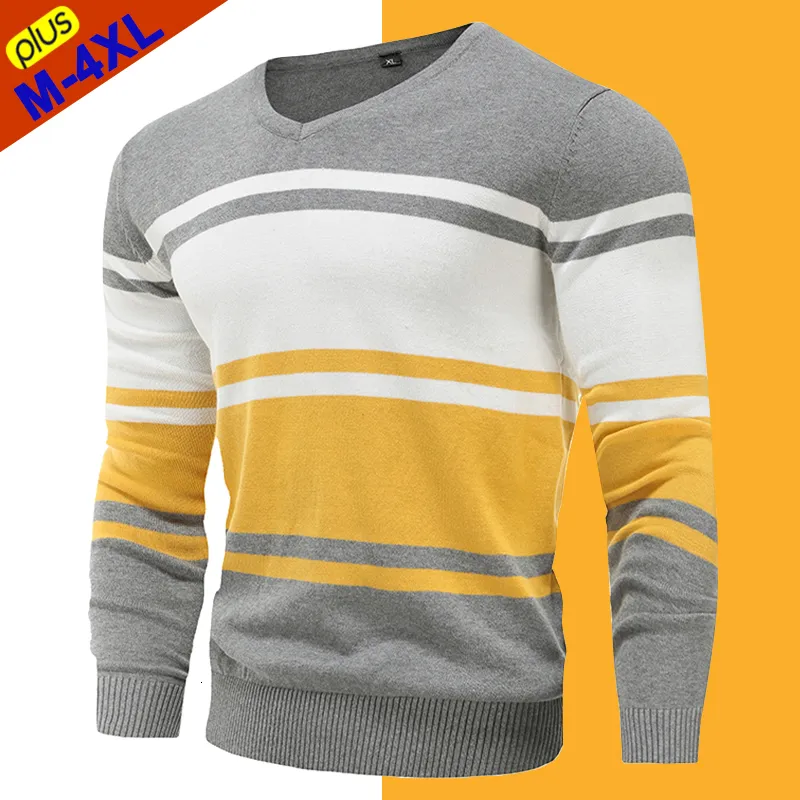 Mens Sweaters Winter Men Pullover Striped Cotton VNeck Slim Sweater Autumn Jumpers Knitwear Male Simple Style Jersey Man Plus Size 221130