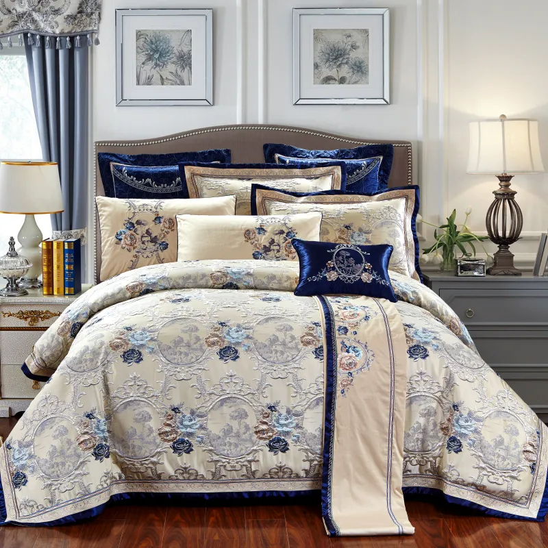 Bedding sets 4 6 10Pcs Blue Jacquard Luxury Set King Queen Size US king 104X90in Cotton Flat sheet Bed Spread Duvet Cover Pillowcases 221129