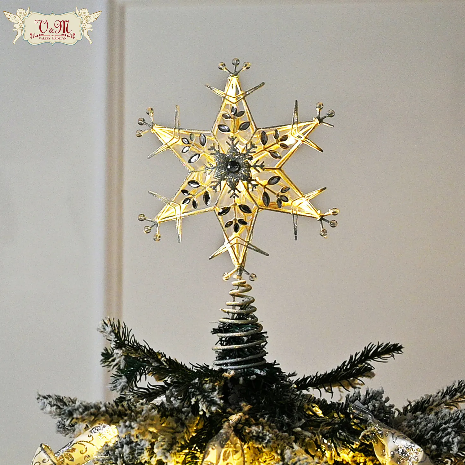 Juldekorationer Valery Madelyn Snowflake Tree Toppers Metal Star med 10 LED -lampor Dekor 2023 221130